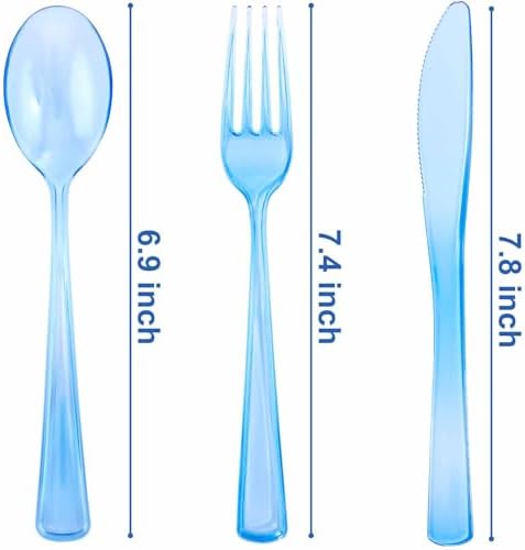 WDF 180 Pieces Blue Plastic Silverware Disposable - Clear Blue Cutlery Sets 60 Forks, 60 Knives and 60 Spoons - Heavy Duty Utensils for Party, Wedding, Graduation