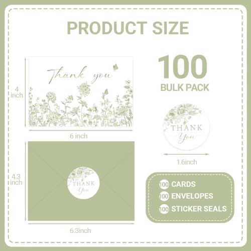 100 Pack Green Floral Thank You Cards With Envelopes Stickers