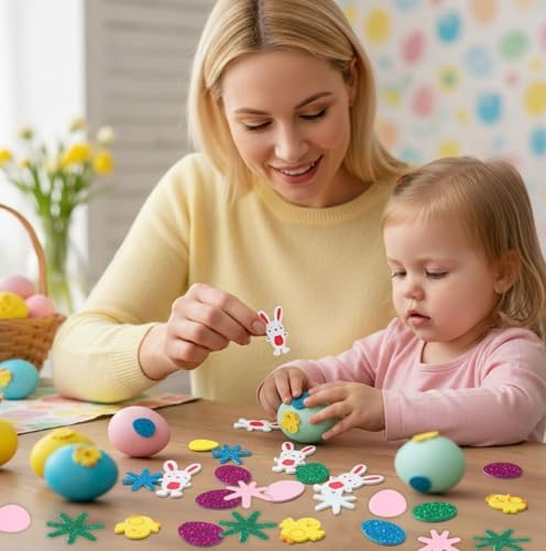 Easter Foam Stickers, 300PCS Easter Stickers for Kids Crafts, Self-Adhesive Spring Sticker Glitter Easter Egg Bunny Chick Flower Decorative Foam Sticker for Easter Decorations Arts Crafts DIY Supplies