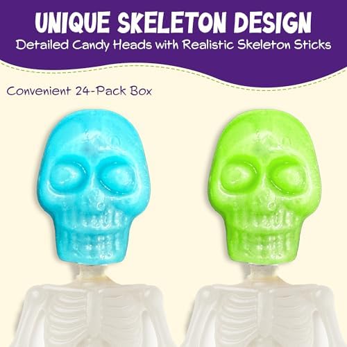 Skeleton Lollipops - Halloween Candy Individually Wrapped 24 Pack - Bulk Scary Suckers for Trick or Treat, Party Favors & Spooky Goodie Bags