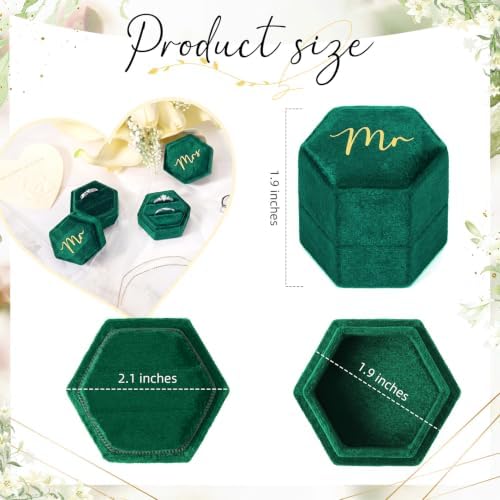 Mr & Mrs Velvet Wedding Ring Box 2 Slots Cursive Hexagon Jewelry Ring Box for Wedding Day Ceremony Bridal Photography Gift Set of 2 (Emerald Green)