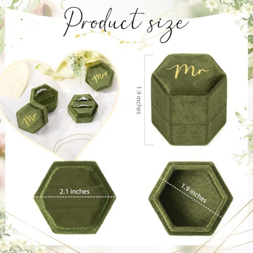 Mr & Mrs Velvet Wedding Ring Box 2 Slots Cursive Hexagon Jewelry Ring Box for Wedding Day Ceremony Bridal Photography Gift Set of 2 (Olive Green)