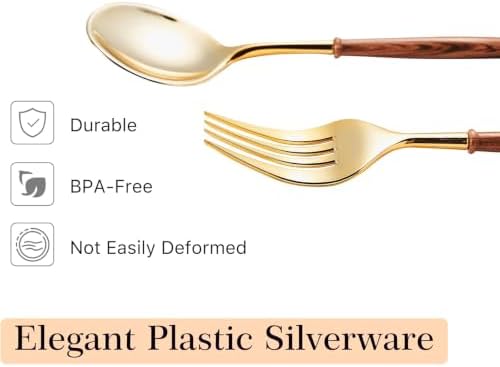 Lullaby 100PCS High End Gold Plastic Forks & Spoons with Wood Grain Handle