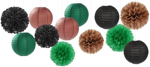 Football Party-Decorations Paper-Flowers - 15pcs Green Brown Black Tissue Pom Poms Lanterns Streamers,Birthday Baby Shower Bachelorette Hanging Supplies Decor Hugfond