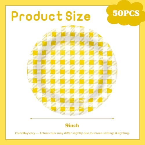 Vyntra 50 Pcs Yellow Gingham 9 Inch Round Paper Dinner Plates