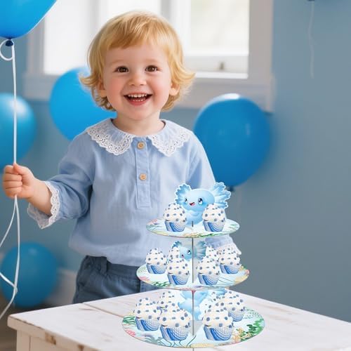 Axolotl Birthday Decorations Cupcake Stand, 3 Tier Cute Blue Cartoon Axolotl Cardboard Cupcake Display Stand Dessert Tower, Underwater Theme Party Supplies for Boys Girls