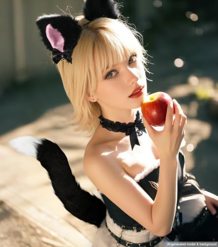 Cat Ears and Tail,Wolf Fox Ears Long Tail and Bell Lace Choker Set for Halloween,Animal Cosplay Party Costume