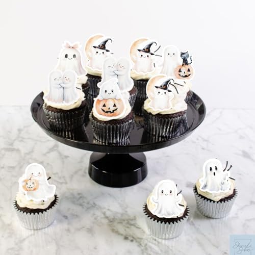 60 PCS Edible Halloween Cupcake Toppers Wafer Paper Spooky Cat Wizard Hat Pumpkin Cupcake Picks Edible Cat Ghost Cake Decorations for Baby Shower Birthday Halloween Party Cake Decorations Supplies