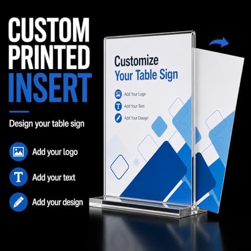 Custom Acrylic Table Sign with Printed Insert, Clear Acrylic Holder Stand with Personalized Paper Display, Design Your Own Table Sign for Wedding Reception, Party, Business Counter, Event & Table Decor