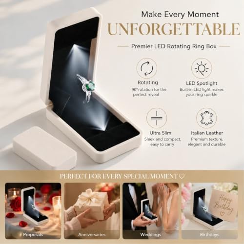 sunking White Italian Leather Rotating Ring Box, Slim Engagement Ring Box with LED Light, Proposal Ring Box for Wedding Engagement