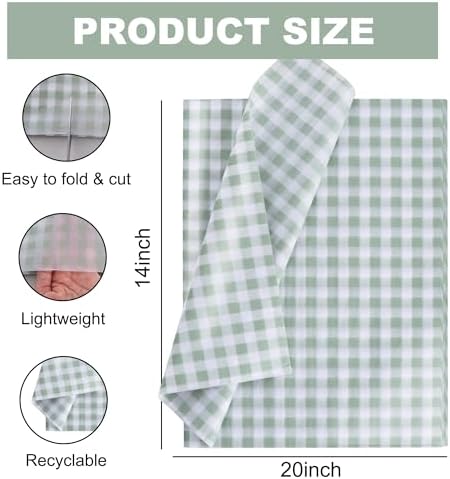 BEISHIDA Gingham Tissue Paper Bulk，Sage Green and White Checkered Wrapping Tissue Paper for Gift Bags, 14 x 20 Inch Gift Wrap for Wedding Birthday Easter DIY Crafts Decor Holiday Flowers-50 Sheets