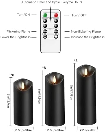 Nimiko Flameless Candles with Remote, Battery Operated Flickering Flameless Candles, LED Candles with Timer 2/4/6/8H, with Realistic LED Candles Set of 24 (D2.2 x H 5" 6" 7") (Black)