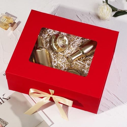 5 Pcs Red Gift Box for Presents with Ribbon 13.2x11x5.3 Inches Clear Gift Box with Window Magnetic Closure Gift Boxes with Lids