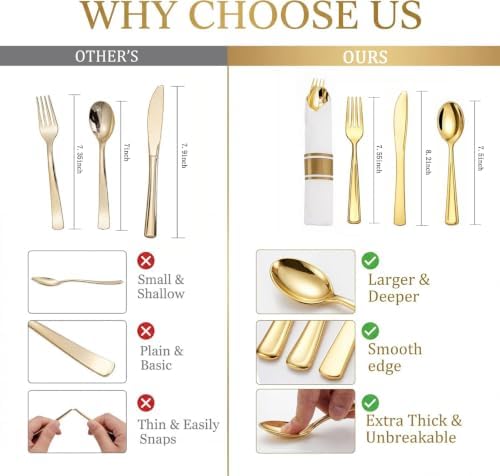 Liacere 100Pack Pre Rolled Gold Silverware and Napkin-400pcs Disposable Gold Plastic Utensils-Wrapped Plastic Cutlery Set with Napkin:100 Forks,100 Knives,100 Spoons,100 Napkins for Wedding＆Fall Party
