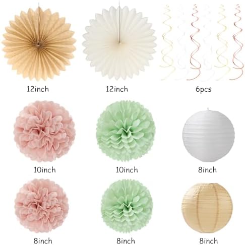 Sage-Green Pink-Beige Baby-Shower Party-Decorations - 36pcs Welcome Home Banner Sign,Girl Paper Lanterns,Neutral Streamers Garland,Boho Tissue Pom Poms Flowers Fans Backdrop Decor Burgleda