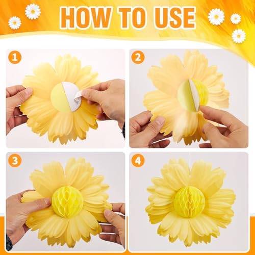 Paper Jazz 9pcs Daisy Paper Flower Decorations, White Yellow Orange Honeycomb Hanging Decor, Spring Party Celling Sign Boho Happy Birthday Supplies for Garden Classroom Baby Shower Birthday Party