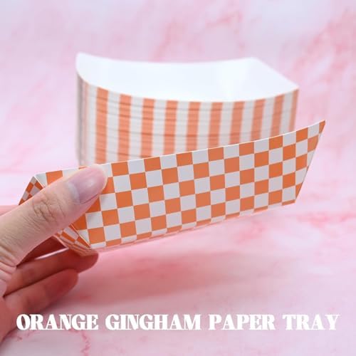 30 Pcs No Folding Required 2lb Gingham Party Supplies Disposable Paper Food Trays for Shower Wedding Tea Party Supplies Nacho Snack (Orange)