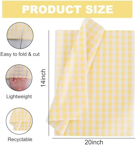 BEISHIDA Gingham Tissue Paper Bulk，Yellow and White Checkered Wrapping Tissue Paper for Gift Bags, 14 x 20 Inch Gift Wrap for Wedding Birthday Easter DIY Crafts Decor Holiday Flowers-50 Sheets
