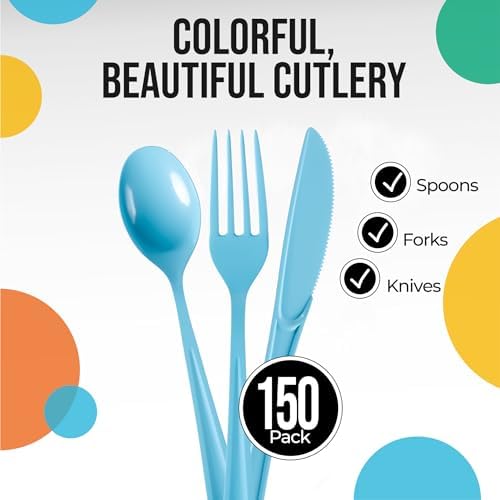 Party Solids Light Blue Plastic Silverware 150 Pcs Light Blue Cutlery Set