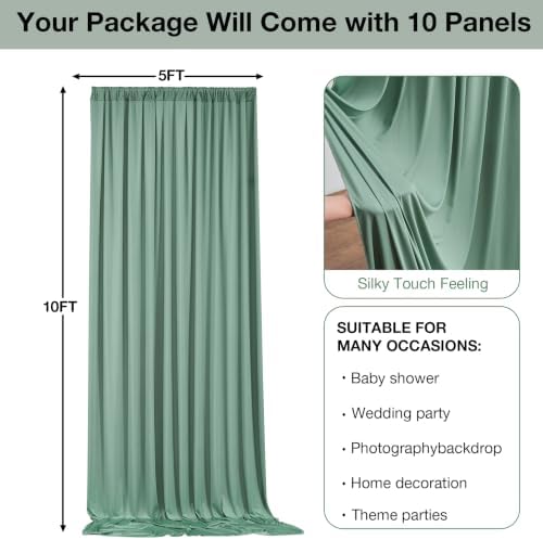 50ftx10ft Wrinkle Free Sage Green Backdrop Curtains for Parties, Polyester Green Photo Backdrop Drapes 10 Panels 5x10ft for Wedding Birthday Baby Shower Photography Background