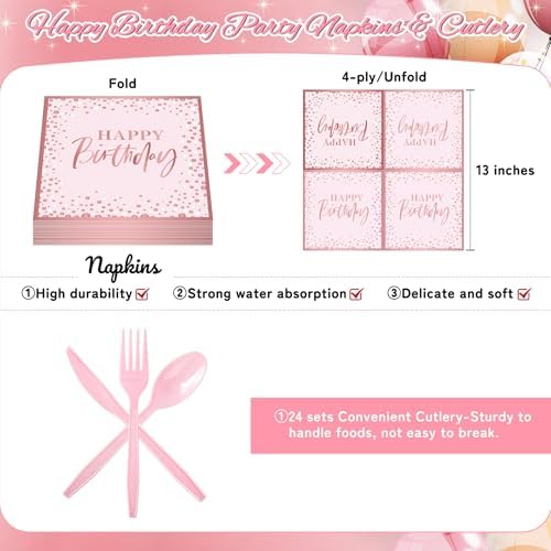 Pink Rose Gold Happy Birthday Party Plates, 168PCS Birthday Party Supplies