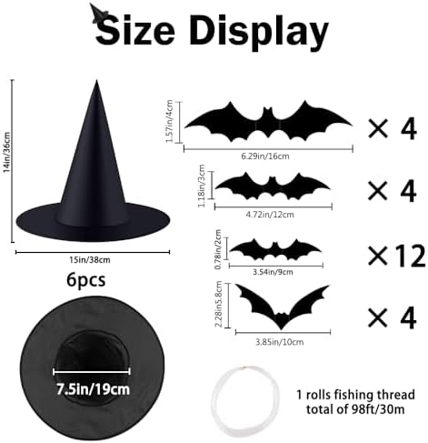 6PCS Halloween Witch Hats 98 FT Nylon Cord 24 Bats for Porch Yard Deco