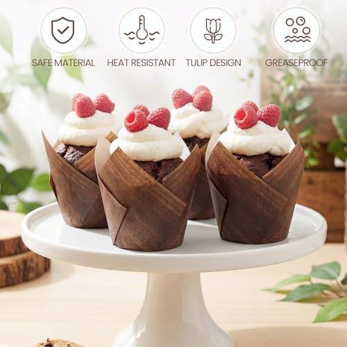 Maxdot 200 Pcs Wood Grain Tulip Cupcake Liners for Baking Woodland Theme Paper Muffin Baking Cups Brown Rustic Tulip Muffin Liners Wrappers for Bridal Showers Wedding Holiday Birthday Party