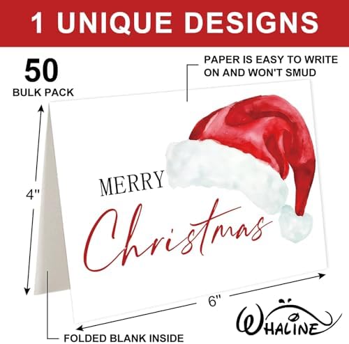 Whaline 50 Pcs Christmas Greeting Cards Santa Claus Blank Note Cards Boxed Blank Note Card with Envelope Stickers for Xmas Party Invitations, 4 x 6 Inch