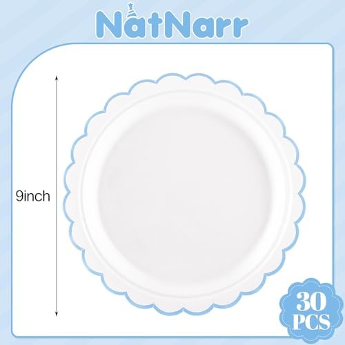 NatNarr 30 Pcs Light Blue Plates 9" Scalloped Blue and White Dessert Plates