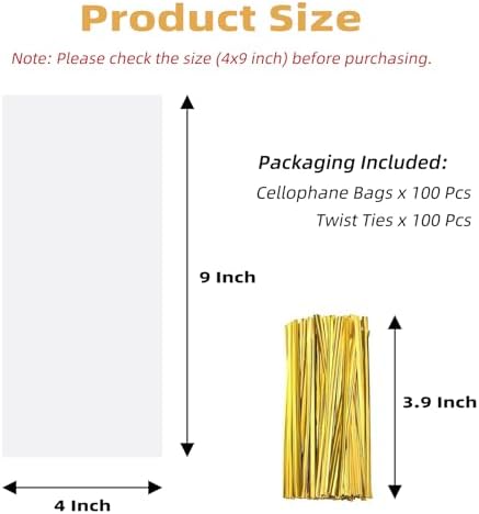 Yotelab Cellophane Treat Bags, 4x9 In Cellophane Bags With Ties, 100 Pcs