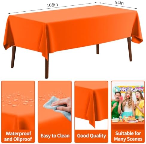 4 Pack Plastic Tablecloth 54" x 108"Disposable Orange Tablecloth Rectangle Plastic Table Cover for 6 to 8 Foot Tables Indoor or Outdoor Parties Birthdays Weddings Christmas
