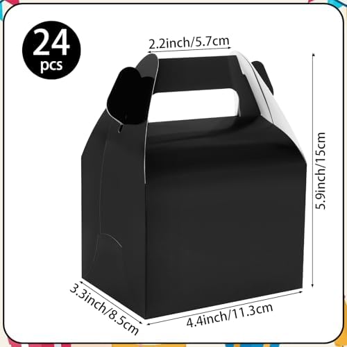 Hooqict 24 Pack Black Party Favor Treat Boxes Paper Gable Gift Boxes with Handles for Party Favors Snack Goodie Candy Cookie Desserts, 6.7x5.1x3.5 Inch