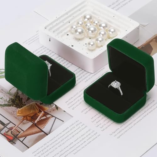 KUKUVR 2 Pieces Velvet Metal Wedding Ring Box, Elegant Jewelry Earring Studs Gift Box for Women Girl, Ring Holder Case for Engagement Proposal, Anniversary, Bridal Party Decor (Green)