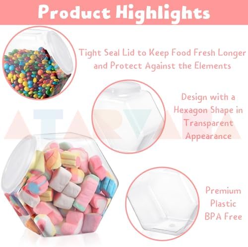 Atarvana Plastic Candy Jars 72oz Set of 4, Hexagon Candy Containers with Airtight Lids for Candy Buffet, Kitchen Storage Containers Set