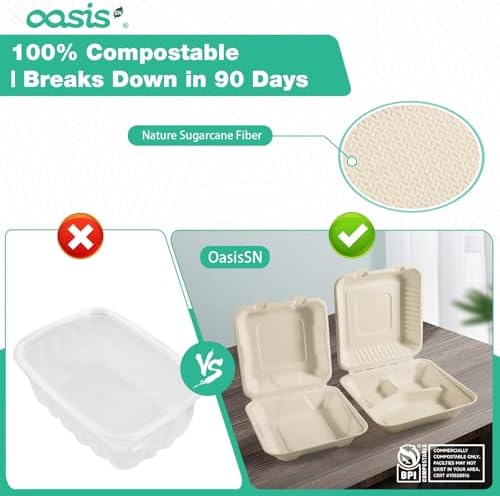 8x8 Inch 68 Pack Compostable Clamshell Take Out Food Containers, Disposable Paper To Go Boxes with Lids, Heavy Duty Sugarcane Bagasse Containers for Meals & Takeout, Natural