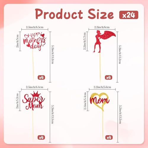Mothers Day Cupcake Toppers, 24 PCS Mothers Day Party Decorations, Glitter Red Happy Mother's Day Super Mom Cupcake Toppers Cake Decorations Food Picks for Mother's Day Party Decoration Supplies
