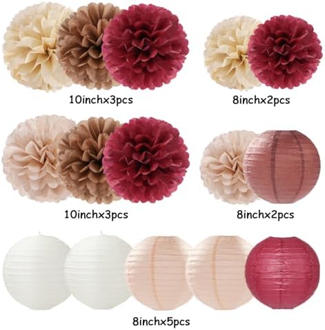Burgundy-Brown Champagne Party-Decorations Paper-Flowers Lanterns - 15PCS Fall Boho Tissue Pom Poms Streamers,Autumn Rustic Baby Shower Neutral Wedding Birthday Decor Hugfond