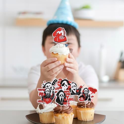 Rsstarxi 40 Pack Horror Movie Scam Cupcake Toppers Telephone No You Hang Up Killer Birthday Cupcake Toothpicks for Halloween Horror Movie Theme Birthday Party Cake Decorations Red