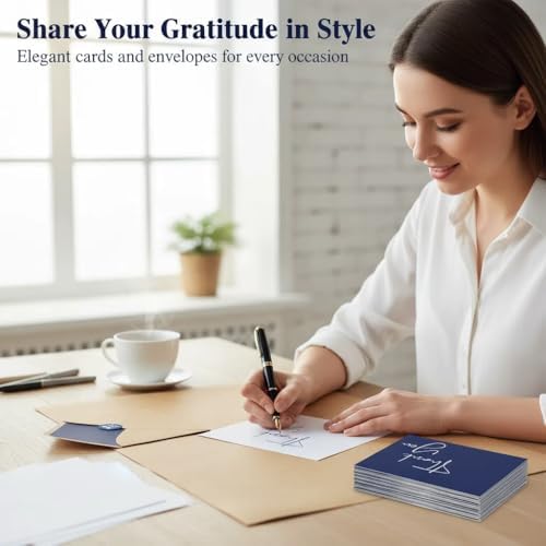 XXINMOH 100 Pack Thank You Cards With Envelopes Bulk Set & Stickers - 4x6 inch Blank Thank You Notes Bulk Box Set - Large Note Card Small Business, Wedding, Baby Shower & Bridal Shower - Navy Blue