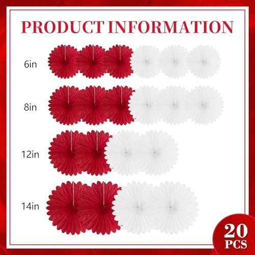 20 Pcs Red White Hanging Paper Fan, Hanging Honeycomb Round Paper Fans for Weddings, Birthdays, Christmas, Baby Showers, Classroom, Events Ceiling Party Supplies Decorations