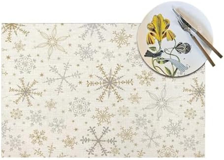 Christmas Place mats Set of 4, 12x18 Inches Gold Gray Snowflake Decorative Placemats Rectangle Winter Table Mats for Party Home Kitchen Dining Table Decoration