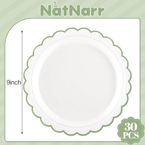 NatNarr 30 Pk Sage Green Paper Plates 9" Scalloped Green White Party Plates