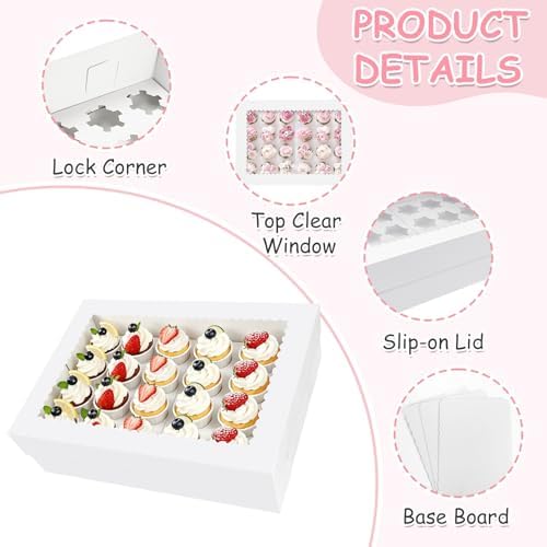 2 Pack White Cupcake Boxes with Cake Boards for 24 MINI Cupcakes, Food Grade Dessert Muffins Box Cupcake Carrier Containers with Window and Inserts for Birthday Holiday Party Bakery Supplies