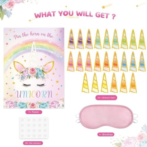 WERNNSAI Pin The Horn on The Unicorn Rainbow Birthday Party Games for Kids