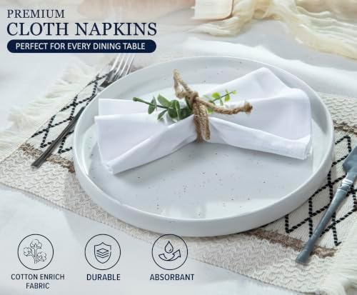 Ruvanti Cloth Napkins Set of 12, Cotton Enrich 18”x18” - White