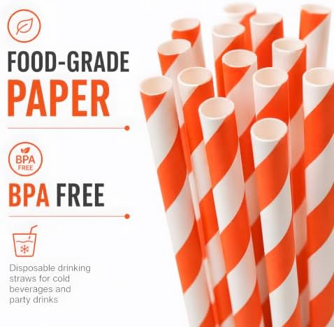 ALINK 100 Orange and White Paper Straws, 7.75 in Striped Spritz Straws