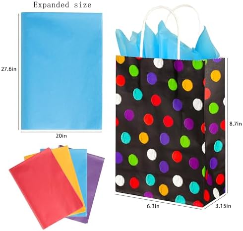 BLEWINDZ 32Pcs Small Gift Bags with Tissue - Polka Dot Black Party Gift Bags with Handles, Colorful Rainbow Paper Goodie Bag for Party Favors, Kids Birthday