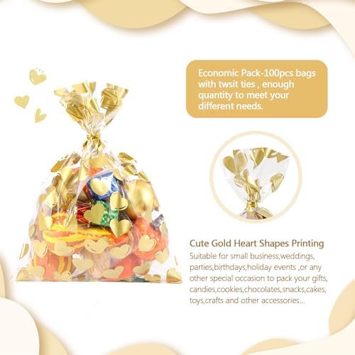 COQOFA 50 Pcs 9X12 IN Gold Heart Cello Cellophane Treat Bags - Clear Candy Cookie Bags with Twist Ties for Baby Shower, Valentine, Wedding, Birthday