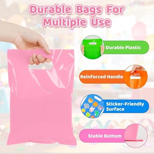 VieFantaisie 50 PCS Pink Party Favor Bags, 8" x 11" Goodie Bags for Candy Treat Craft Easter Egg, Plastic Gift Bag with Die Cut Handles for Birthday Party, School Events & Small Business, Wedding