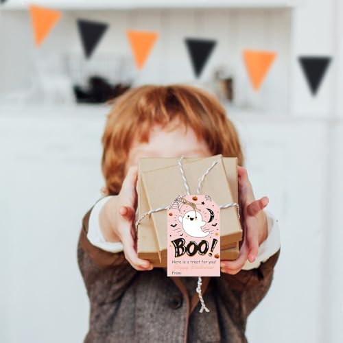 Aukolass 50Pcs Boo Gift Tags, Halloween Treat Tag (Pink Boo)